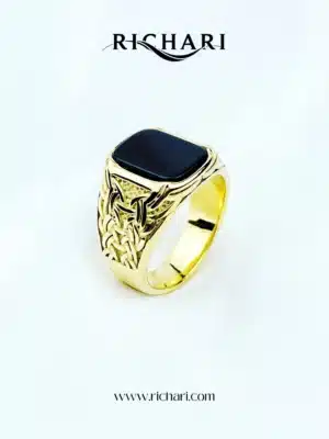 Men’s Gold-Tone Celtic Knot Signet Ring with Black Stone