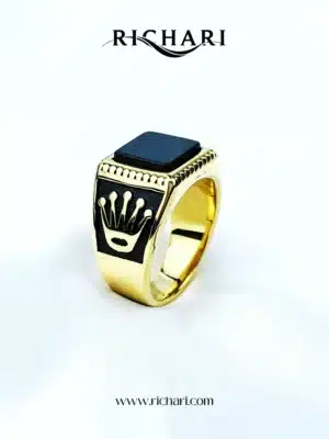 Men’s Black Onyx Crown Signet Ring – Gold Tone Stainless Steel